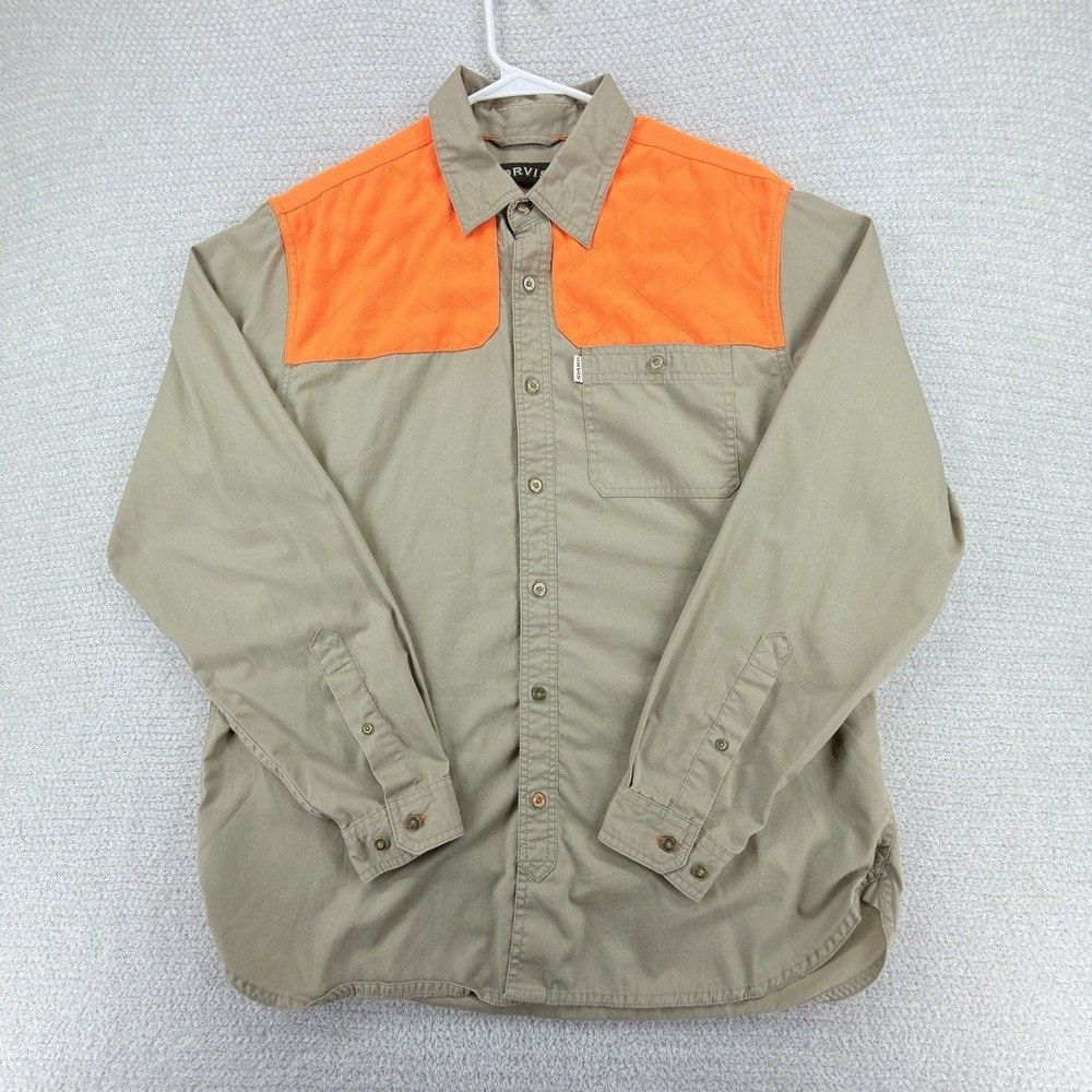 Orvis Midweight Shooting Shirt Mens Large Beige Blaze Orange Button Up Hunting
